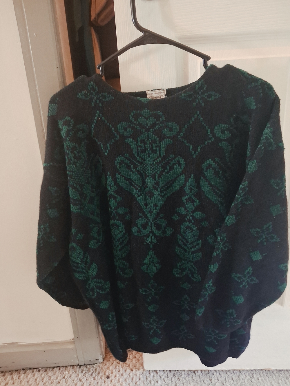 Saks Fifth Avenue Black Sweater with Teal Damask Motif